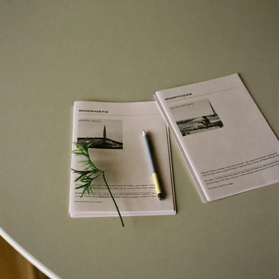 Ferdig trykt materiell og penn på lyst bord